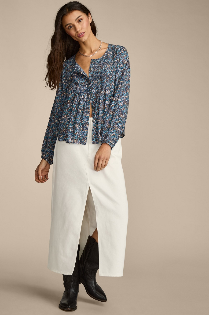 printed button down pintuck top